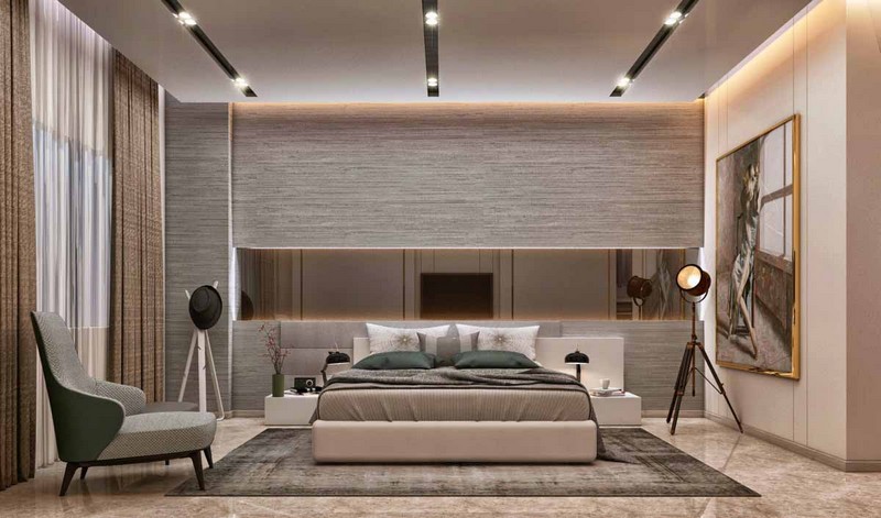 Bedroom With Brown Mirror On Wall